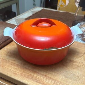 Vintage Descoware Flame Orange Enamel and Cast Iron Dutch Oven.